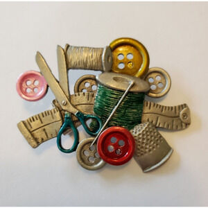 Vintage Spoon 4134 Pewter Sewing Theme Brooch Pin Seamstress - with added color